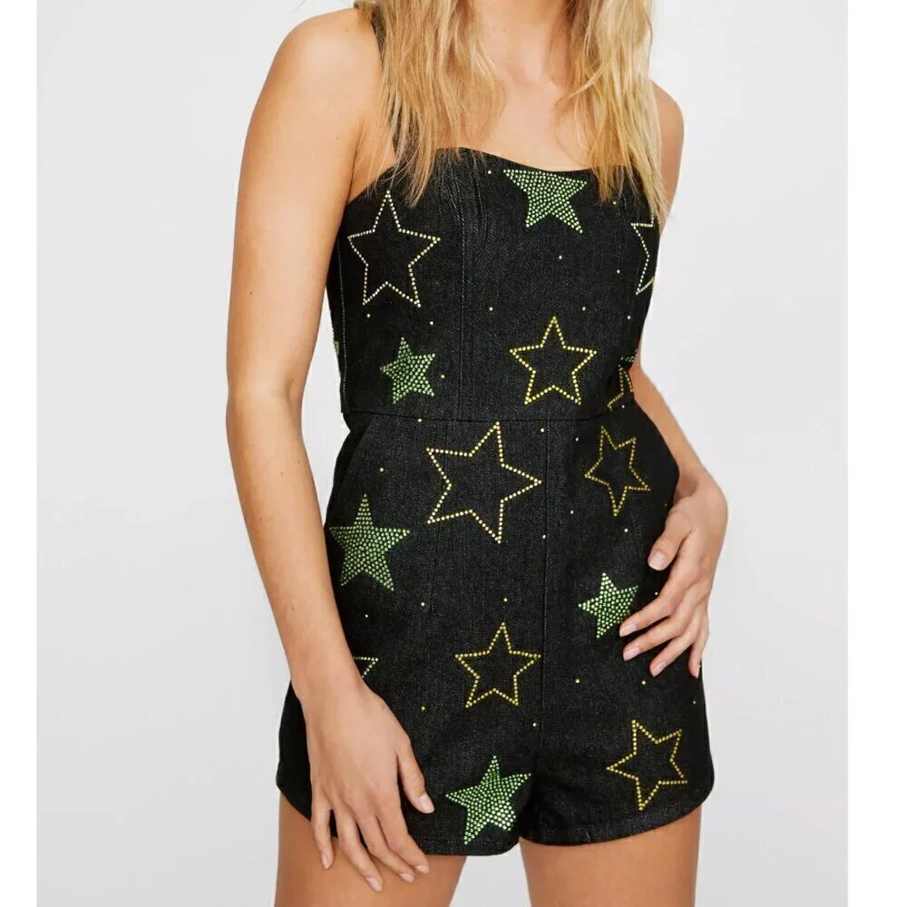CLEARANCE Nasty Gal Star Hotfix Denim Playsuit, NWT, Size 8 - Picture 4 of 9